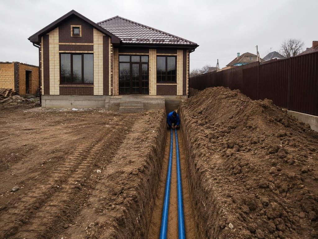 Прокладка инженерных коммуникаций — укладка труб в траншее на участке