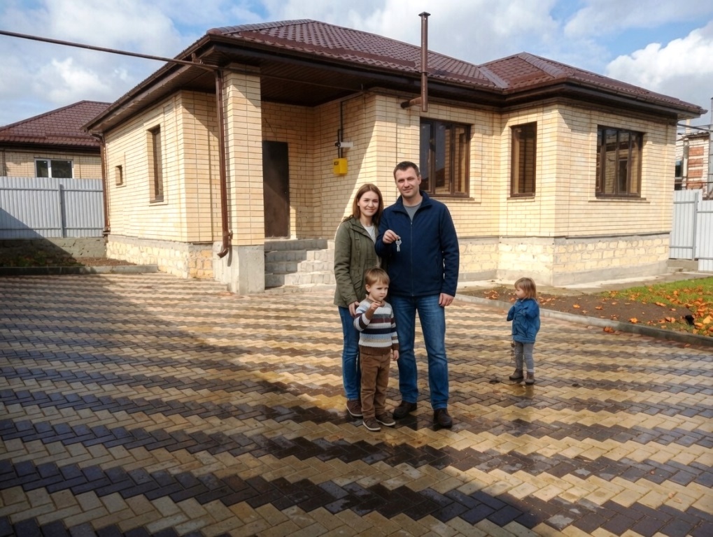 Семья с ключами и документами у своего нового кирпичного дома