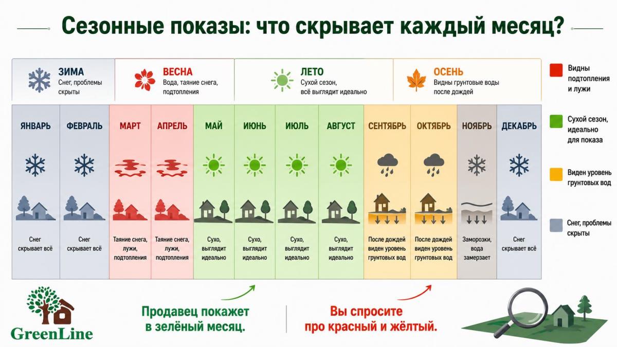 Календарь сезонных показов участков: март-апрель - вода, июль-август - сухой сезон, октябрь-ноябрь - уровень грунтовых вод.