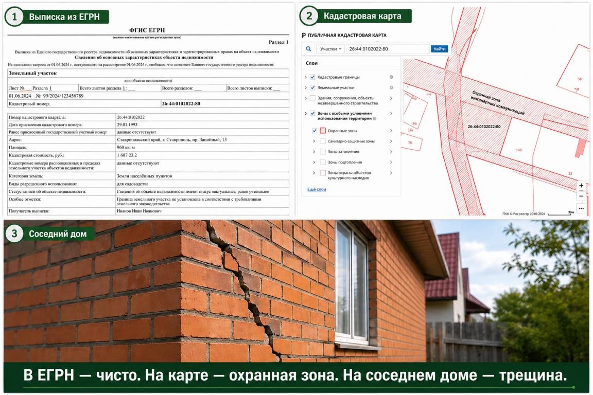 Скриншот выписки ЕГРН без обременений и публичной кадастровой карты с охранной зоной.