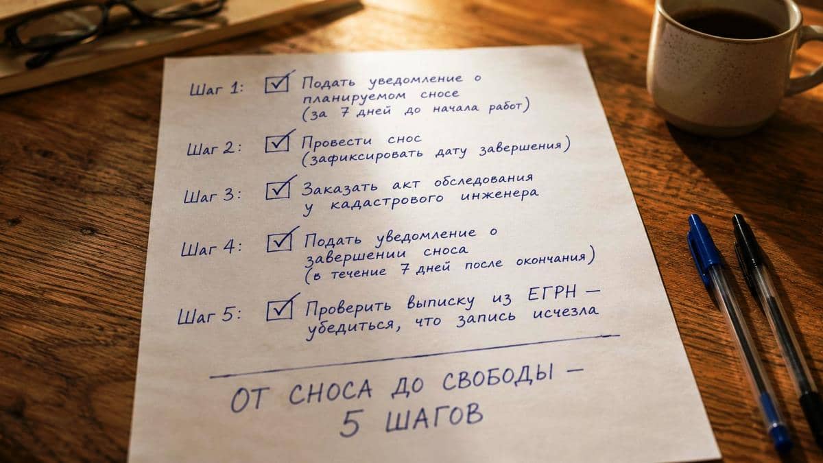 Чек-лист из 5 шагов: уведомление о сносе за 7 дней, снос, акт обследования, второе уведомление, проверка выписки из ЕГРН. Инструкция по снятию дома с кадастрового учёта.