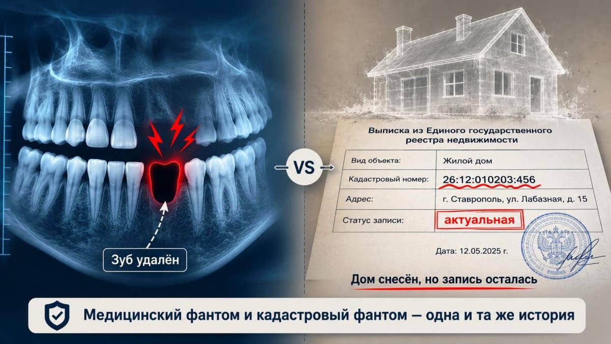 Инфографика: рентгеновский снимок челюсти с пустой лункой удалённого зуба и выписка из ЕГРН с записью о снесённом доме. Медицинский и кадастровый фантом — одна история.