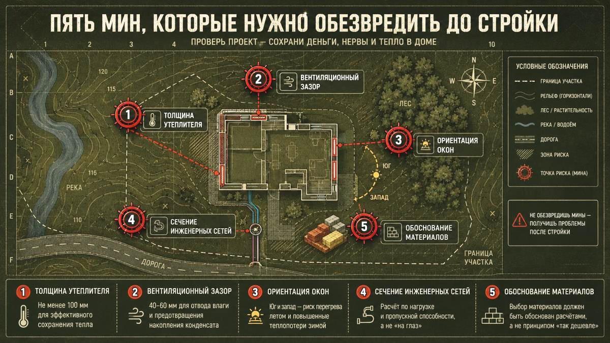 Инфографика «Минное поле» — карта с пятью минами: проверка толщины утеплителя, вентиляционного зазора, ориентации окон, сечения инженерных сетей, обоснования материалов