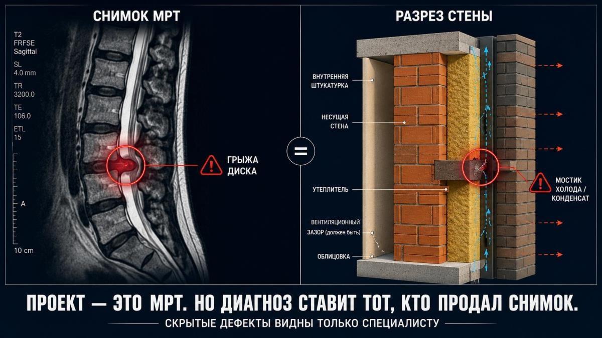 Инфографика: снимок МРТ позвоночника с проблемной зоной и разрез стены с проблемным узлом. Проект — это МРТ, но диагноз ставит тот, кто продал снимок.