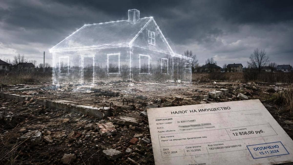 Пустой участок после сноса дома с полупрозрачным контуром старого здания и квитанцией об уплате налога. Дом снесли, но налог остался