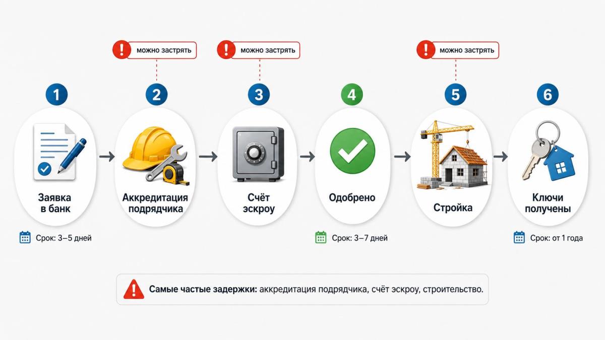 Схема пути заёмщика по семейной ипотеке: от подачи заявки до получения ключей. Красные точки на этапах аккредитации подрядчика, счёта эскроу и строительства — зоны риска.