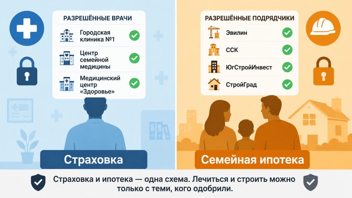 Инфографика: сравнение медицинской страховки с ограниченным списком врачей и семейной ипотеки с ограниченным списком подрядчиков. Одна схема — лечиться и строить можно только с «одобренными».