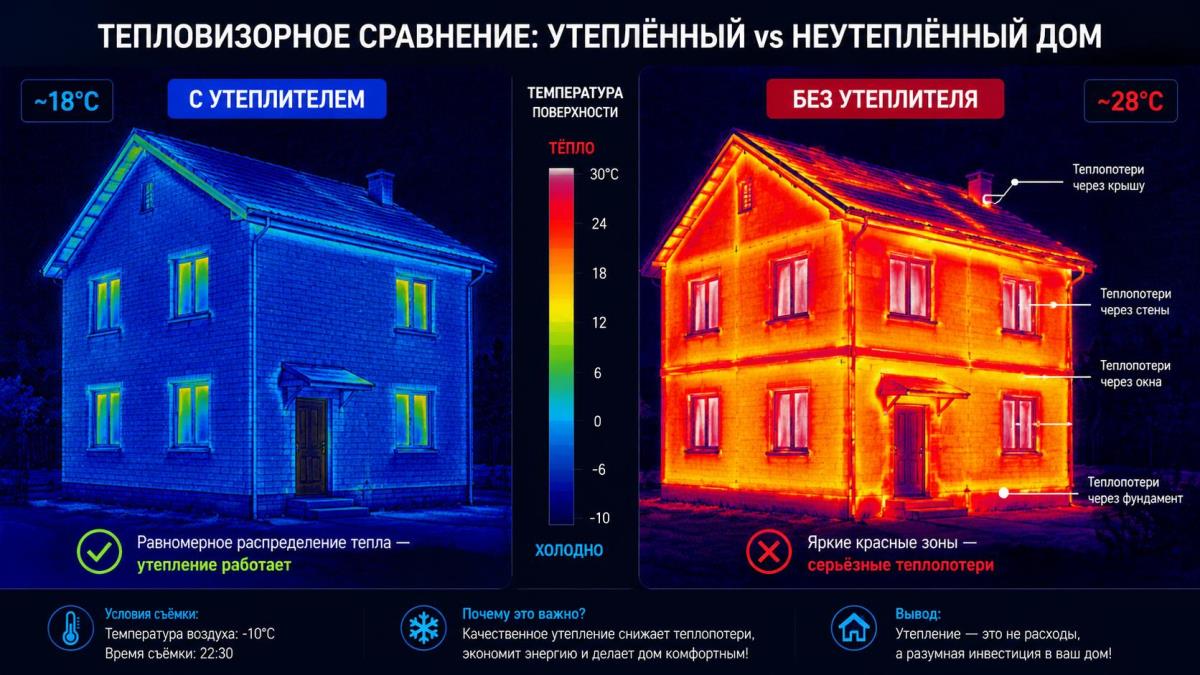 Коллаж двух тепловизорных снимков фасадов: один дом с равномерным синим цветом, другой с яркими красными пятнами в местах теплопотерь.