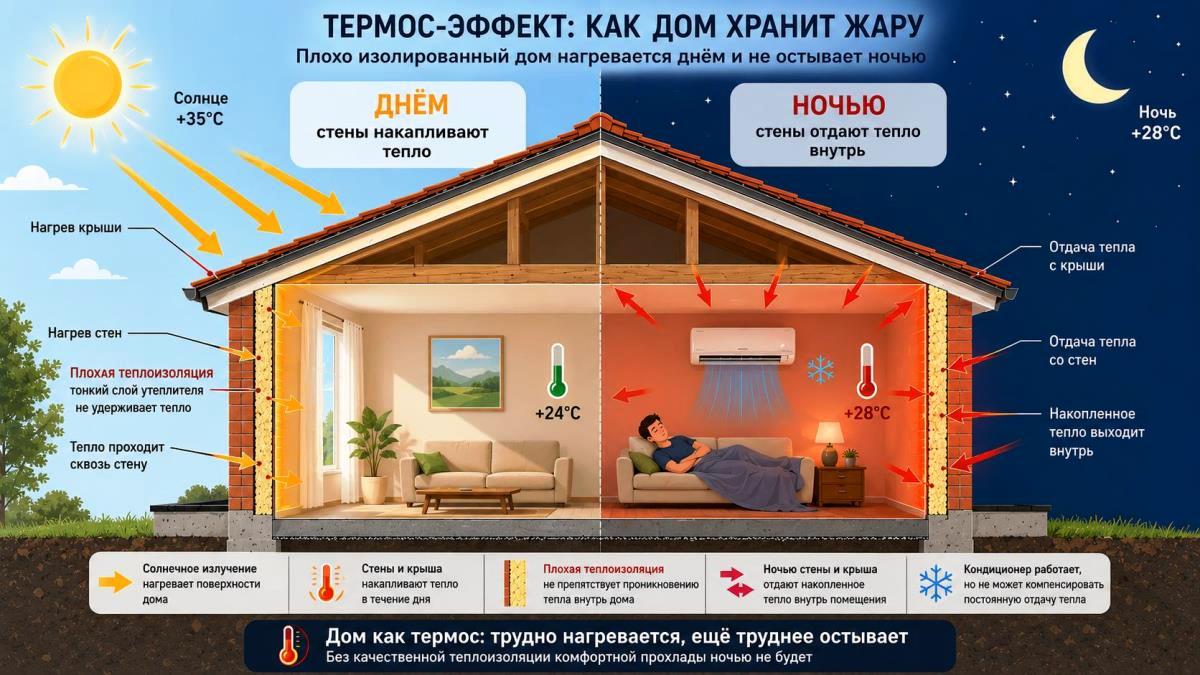 Инфографика разреза дома: днём жёлтые стрелки от солнца к стенам, ночью красные стрелки от стен внутрь помещения.