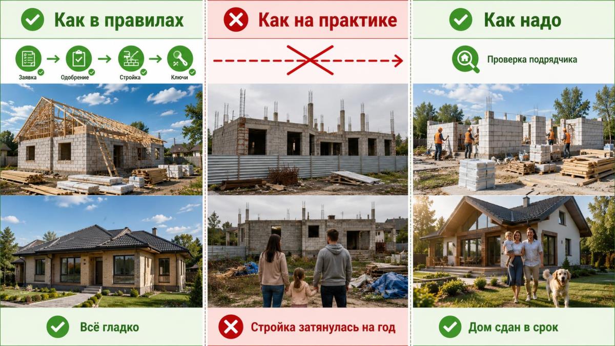 Сравнение трёх колонок: как должно быть по правилам семейной ипотеки, как на практике затянулась стройка, как надо сделать — дом сдан в срок, счастливая семья.