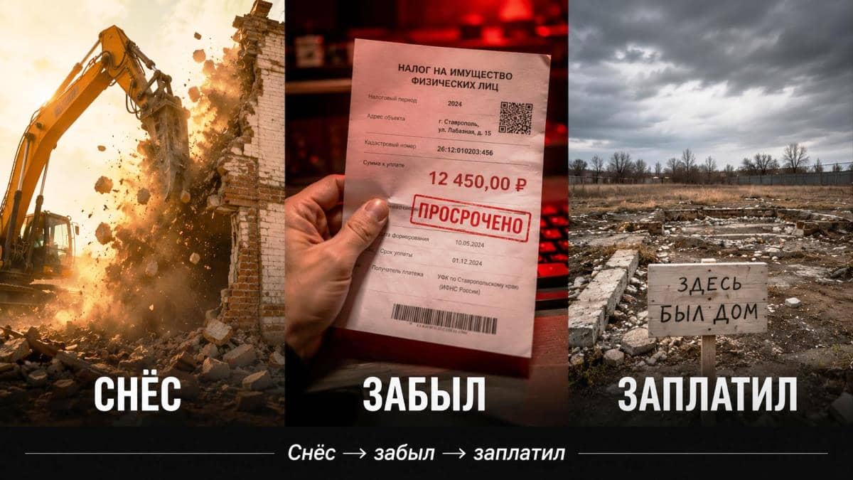 Коллаж из трёх частей: экскаватор сносит дом, квитанция об уплате налога, пустой участок с надписью «Здесь был дом». Три ошибки: снёс, забыл, заплатил».