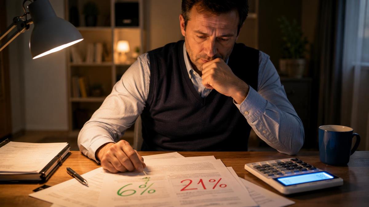 Человек за столом с договором подряда, на котором написано 6% и 21%. На столе калькулятор. Метафора выбора между льготной и рыночной ставкой по ипотеке.