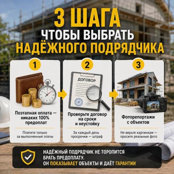 Инфографика: 3 шага для выбора надёжного подрядчика — поэтапная оплата, проверка договора и сроков, фоторепортажи с объектов