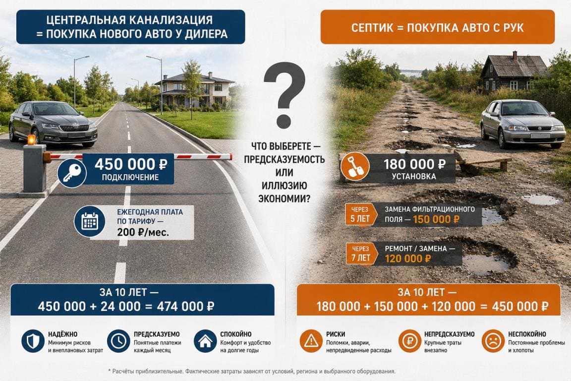 Инфографика сравнения затрат на септик и центральную канализацию на 5 и 10 лет: центральная канализация — высокий вход, низкие ежегодные расходы; септик — низкий вход, высокие расходы на обслуживание и замену.