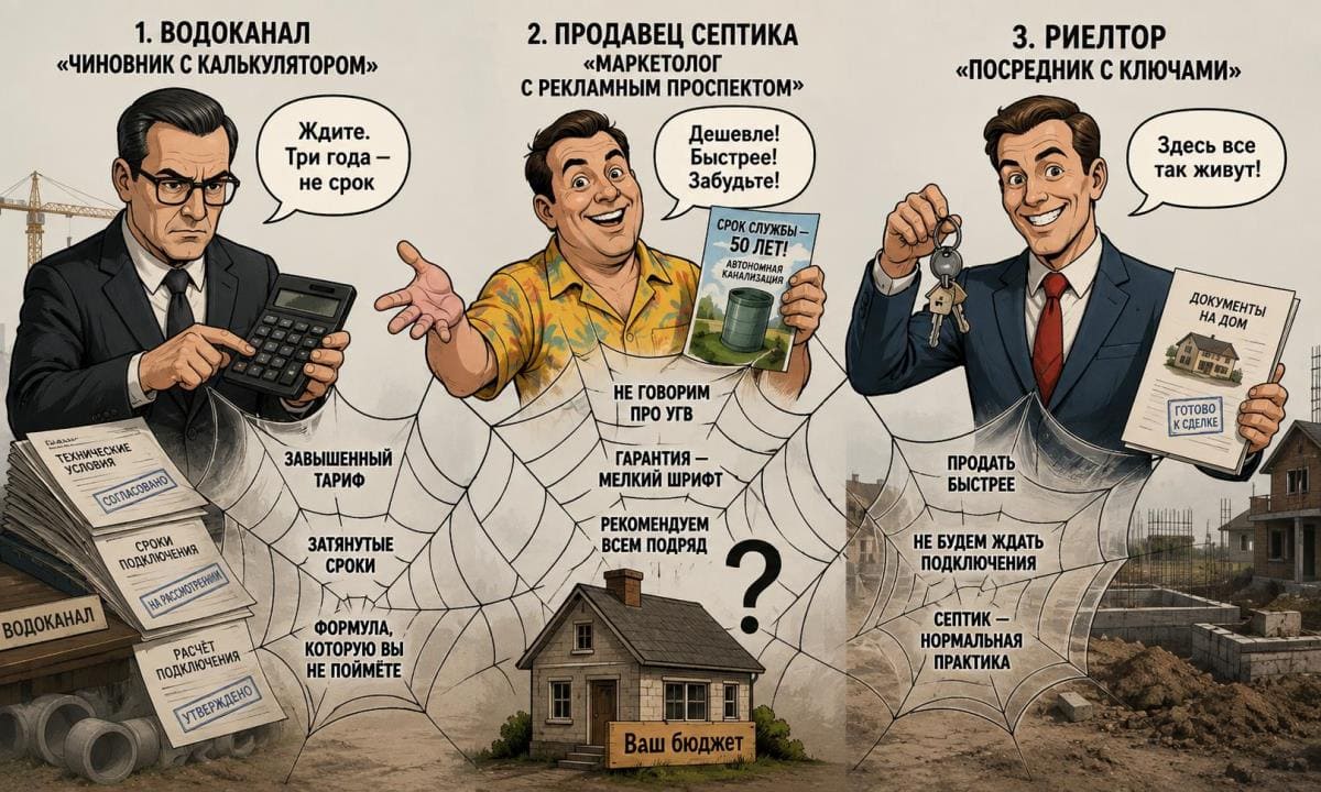 Иллюстрация трёх игроков, которые влияют на выбор между септиком и центральной канализацией: чиновник водоканала с калькулятором, продавец септика с рекламным проспектом и риелтор с ключами от дома. Каждый тянет паутину к бюджету покупателя.