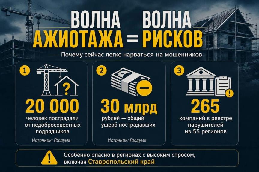 Инфографика: волна ажиотажа на ИЖС — 20 тысяч пострадавших, 30 миллиардов рублей ущерба, 265 компаний-нарушителей