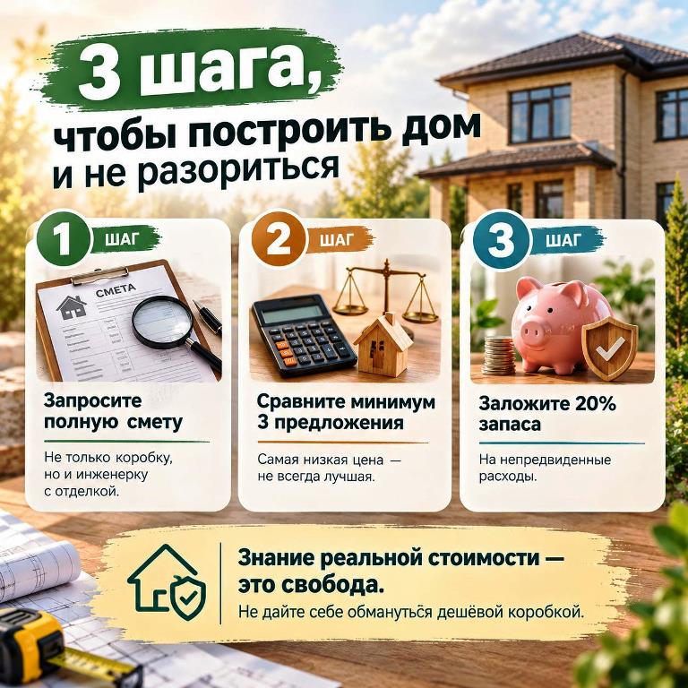 Инфографика: 3 шага к реалистичному бюджету на строительство дома — запросить полную смету, сравнить предложения, заложить 20% запаса