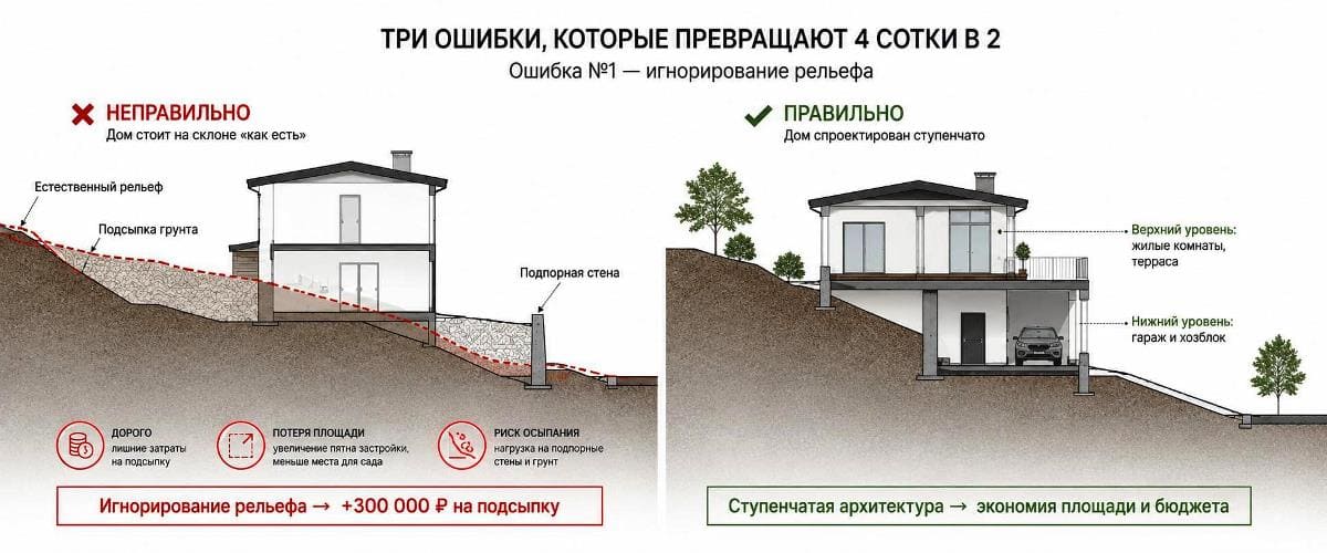 Схема-разрез участка на склоне: сравнение неправильного строительства с подсыпкой грунта и правильного ступенчатого дома с гаражом в нижнем уровне и жилыми комнатами наверху