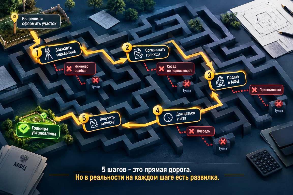 Инфографика-лабиринт: пять шагов межевания с тупиками и препятствиями - почему процедура растягивается на месяцы