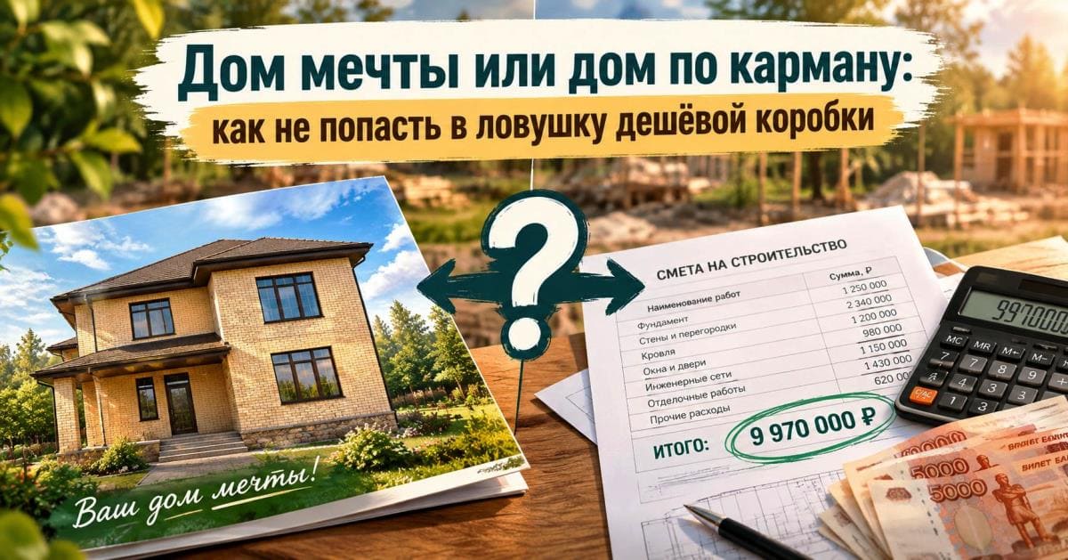 Мечта о доме vs реальный бюджет: как не попасть в ловушку дешёвой коробки. Изображение к статье, с домом, калькулятором и сметой
