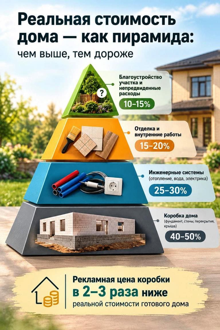 Инфографика: пирамида расходов на строительство дома — коробка 40-50%, инженерка 25-30%, отделка 15-20%, благоустройство 10-15%