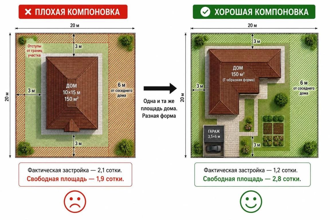 Инфографика сравнения двух вариантов размещения дома на участке 4 сотки: неэффективная прямоугольная компоновка с потерей площади против эффективной Г-образной планировки с сохранением пространства для двора и сада