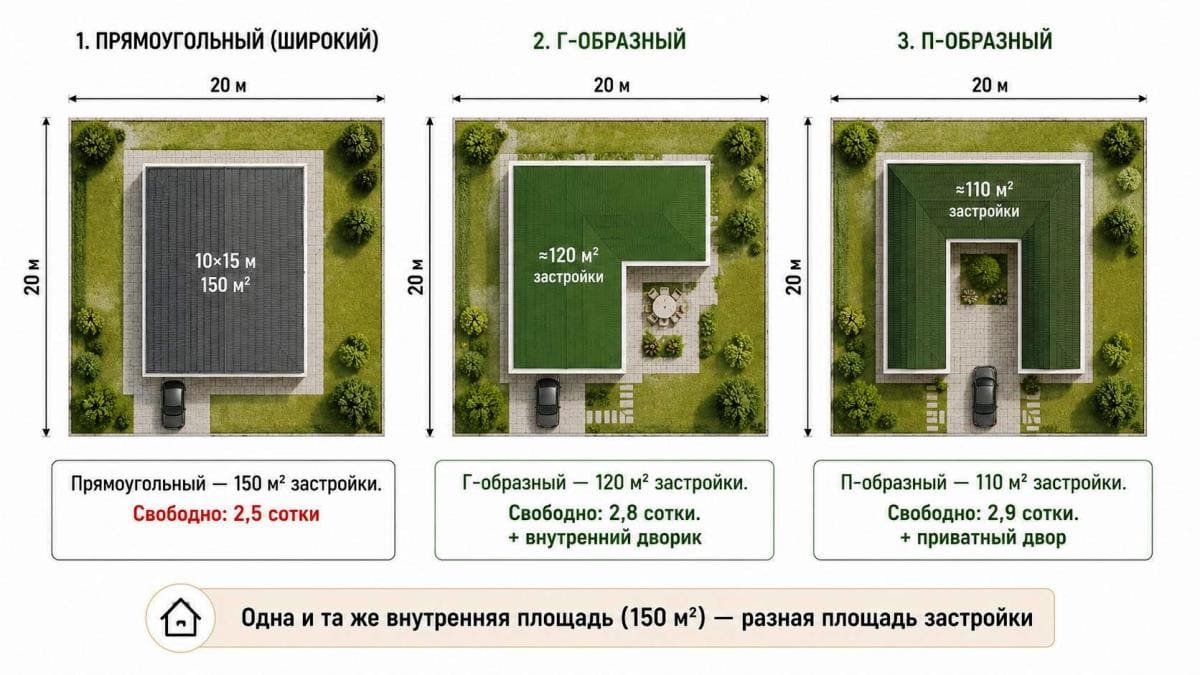 Схема сравнения трёх форм домов для маленького участка: прямоугольный, Г-образный и П-образный — как форма влияет на площадь застройки и свободное пространство