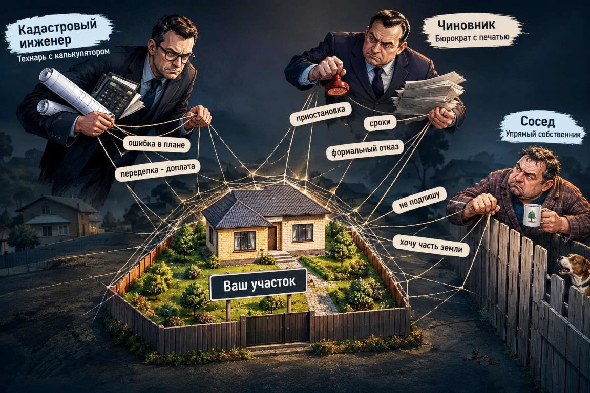 Иллюстрация трёх игроков, влияющих на межевание: кадастровый инженер, чиновник и сосед, тянущие паутину к участку